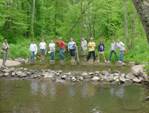 High school students studying a stream